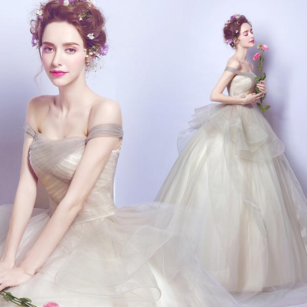 Off shoulder sexy slim straight neck princess bride wedding dresses long toast annual dress costumes tulle