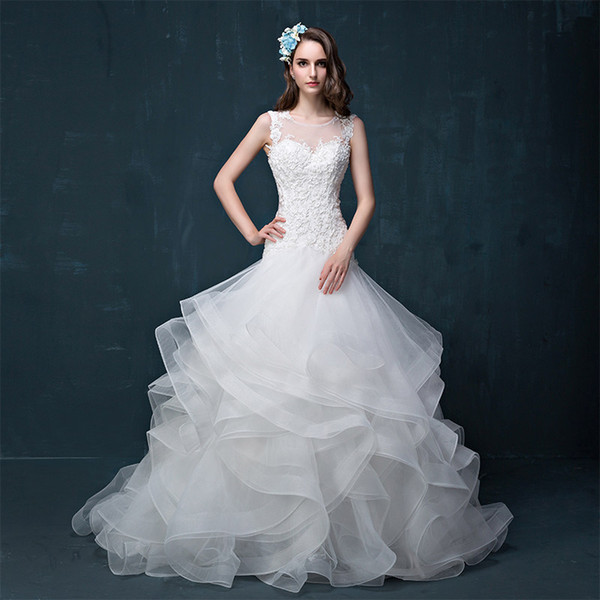 2017 New Sheer Lace Beaded Top A Line Wedding Dresses Tulle Ruffles Court Train Bridal Gowns With Lace Up Back