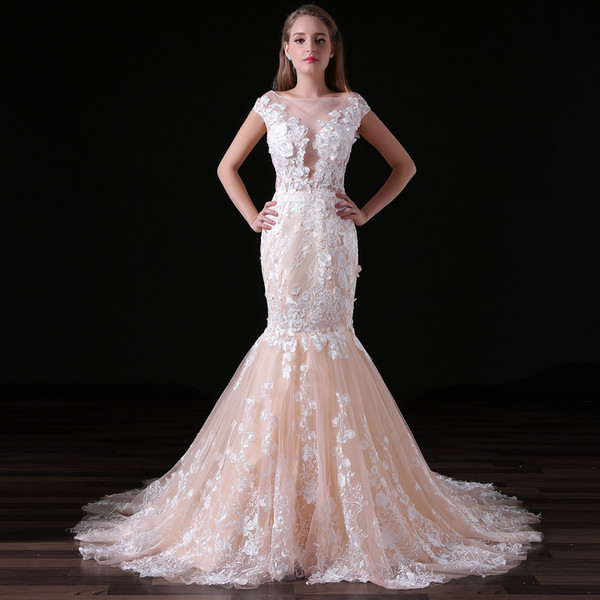Lace Appliques In Stock Wedding Dresses Chapel Train Princess upscale new Women's elegant long gown party prom bride Wedding dresses