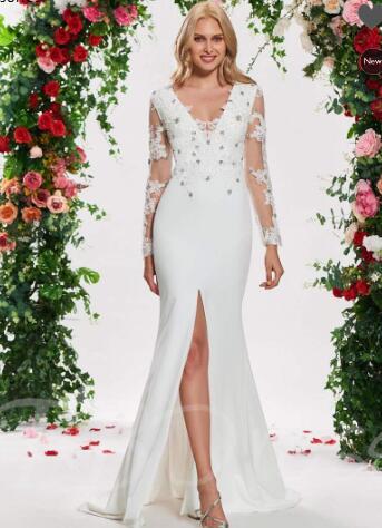 Split-Front Beading Appliques Wedding Dress with Long Sleeve
