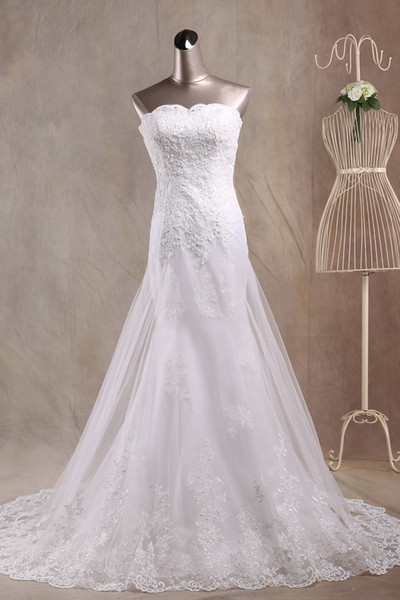 Charming Strapless Wedding Dress In Stock Lace Wedding Dresses High Quality Mermaid Wedding Gowns with Buttons Zipper Back