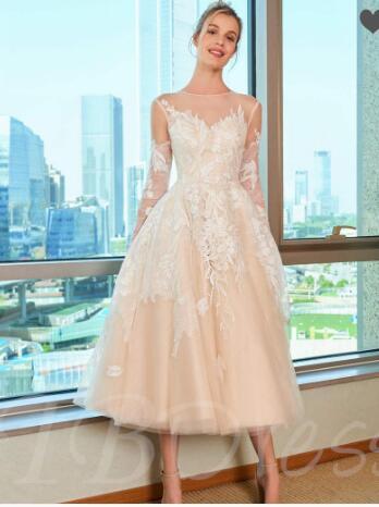 Illusion Neck Lace Appliques Tea-Length Wedding Dress