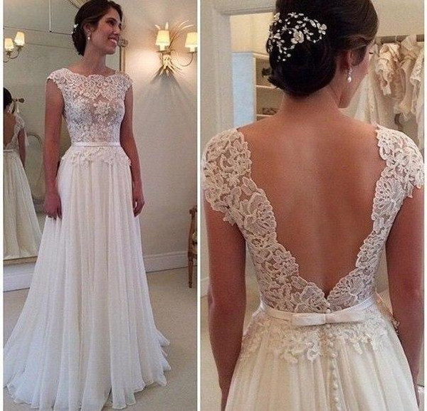 2017 Hot Selling Custom Made A Line Wedding Dresses Vestido de Noiva Casamento Chiffon Lace See through Backless Robe De Mariage