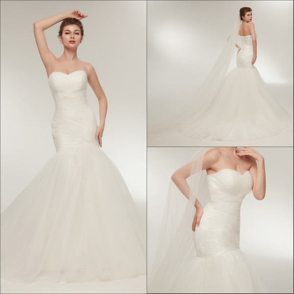 Simple Mermaid Tulle White Wedding Dresses Pleated Sweetheart Plus Size Arabic Corset Stock Bride Dress Bridal Gowns Stock 2-16