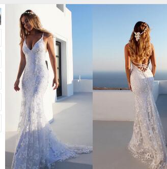 Summer Beach Boho Wedding Dress with Spaghetti Straps White V-neck Low Open Back Mermaid Wedding Dresses Sweep Train