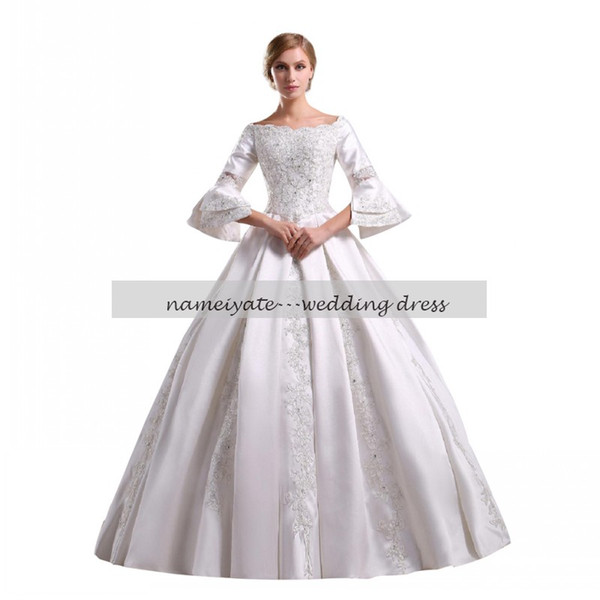 2017 A-Line Off-the-shoulder Chapel Train Lace Satin long sleeves Wedding Dress with Beading Appliques Lace Vestido De Noiva Bridal Gowns