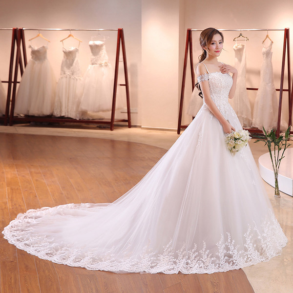 New Wedding Gowns Ball Gown Long Train Lace Up Straps Off Shoulder Luxury Elegant Chapel Wedding Dresses for Bride HS677
