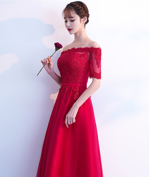 Perfect beautiful bridal dress wine red sexy collar five sleeves open shoulder fashionable elegant show figure party dress