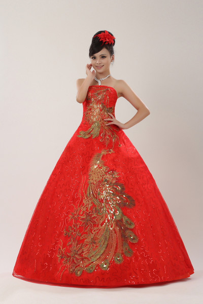 Free Shipping Plus size Red Strapless with Gold Wedding Dresses Cheap Bride Frocks Ball Gowns Vestidos De Novia
