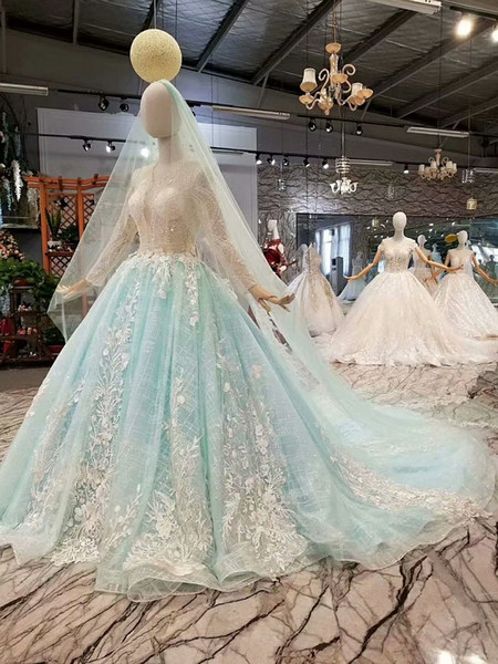 In Stock Real sample High Quality Sheer Top Blue Tulle Wedding Dresses Long Sleeves Party Dresses With Dimonds