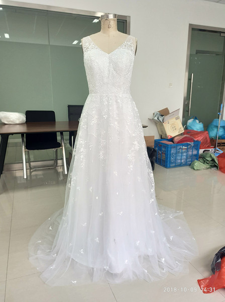 In Stock Lace White Wedding Dresses A Line V Neck Backless Strap Bridal Formal Gown with Court Train Real Photo Cheap Wedding Dress