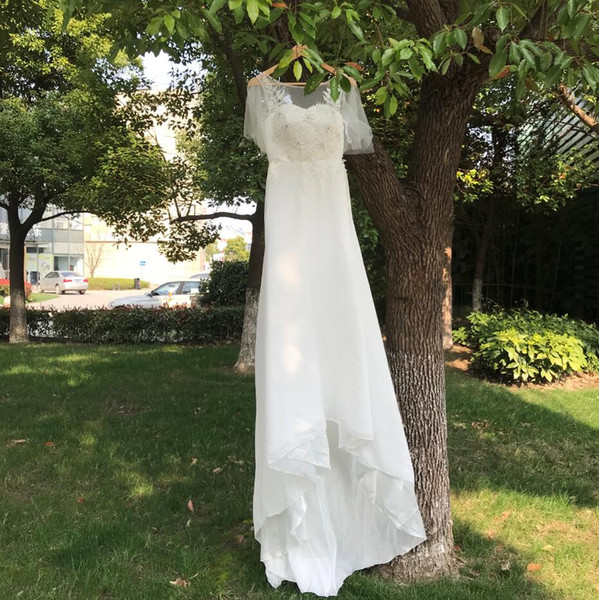 Jewel Bohemian Wedding Dresses Beach Puff Sleeve Lace Chiffon Bridal Wedding Gowns Open Back Long Tail Gelinlik Size 6