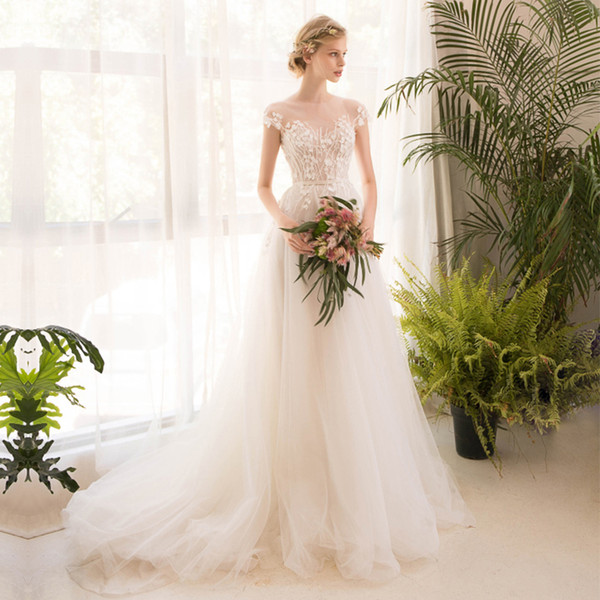 Elegant Tulle With Appliques Embroidery Transparent Scoop Neck Backless Cap Sleeves A-Line Sweep Train Wedding Dress Vestido de novia