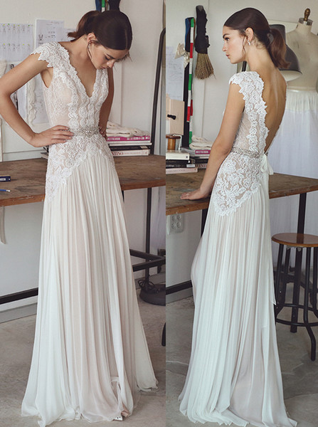 vintage lace beaded wedding dresses 2017 simple A-line v neckline v backless sweep train bridal gowns