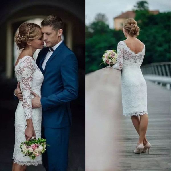 Long Sleeve Lace Short Wedding Dresses Jewel Neck Sheath Knee Length Beach Bridal Gowns Custom Made Size