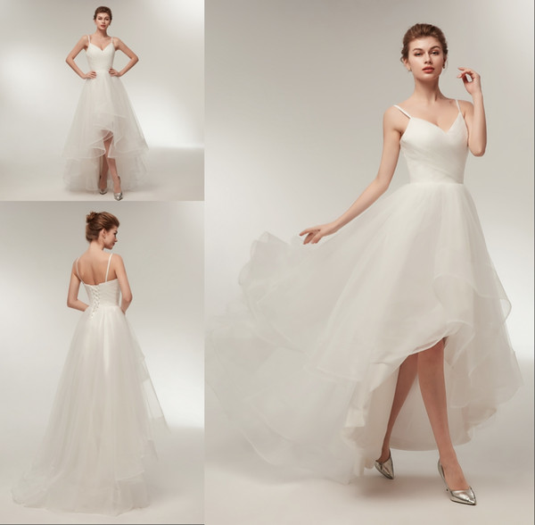 Stock New Tulle Sleeveless Spaghetti Vintage Lace-up Hi-lo Floor Length Beach Wedding Dress Cheap 