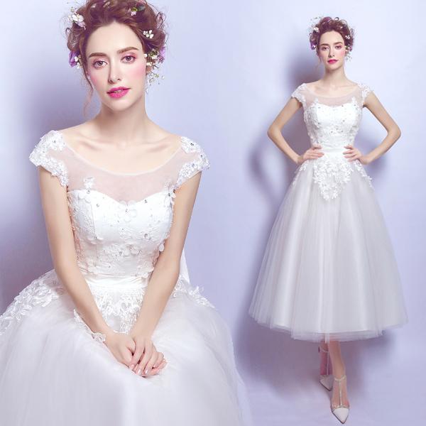 White lace flower perspective Bridesmaid dinner party annual short bride wedding dress rhinestone embroidery prom dress