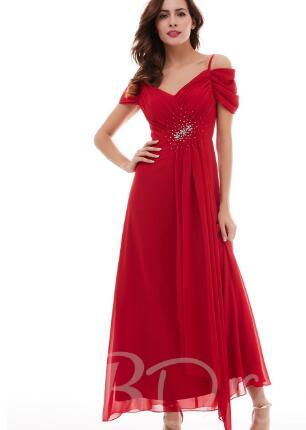oklokA-Line Open Shoulder Draped Pleats Beading Long Evening Dress
