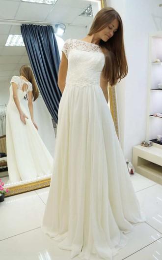 Lace top short sleeves vintage wedding dresses bridal gowns long floor a line chiffon vestidos de novia