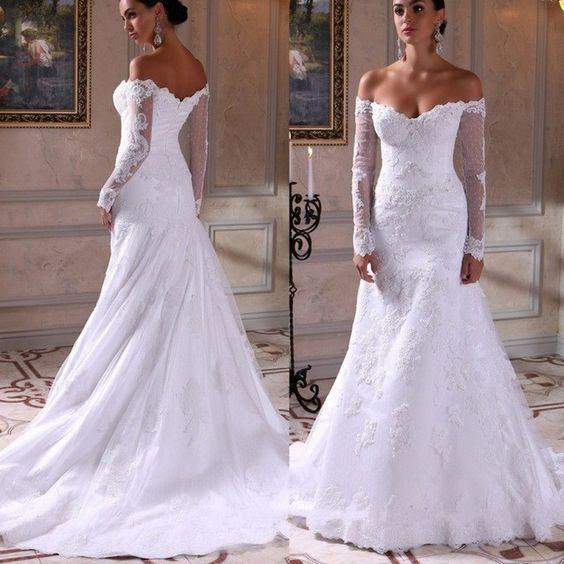 New Fashion Arabic Long Sleeve Lace Mermaid Wedding Dresses Off-Shoulder V-Neck Zipper Back Wedding Gowns With Appliques Vestidos De Noiva