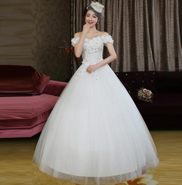 Off Shoulder Bridal Wedding Dresses Real Elegant Sweetheart Tulle Beads Appliques Lace Ball Gown Bridal Gowns Wedding Gown