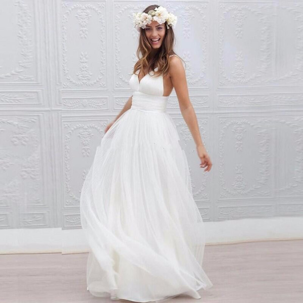 simple tulle beach wedding dress A-line spaghetti sexy v-neck backless floor-length sleeveless cheap wedding party evening dress