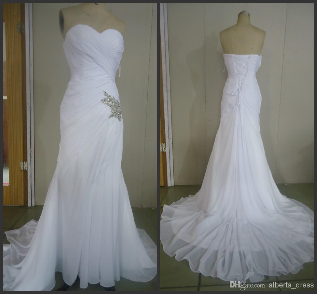 2014 white chiffon in stock wedding dresses A-line sweetheart floor length sleeveless back lace-up 