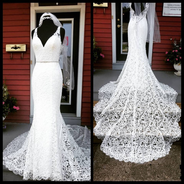 French Lace Wedding Dresses V Neck Chapel Train Real Pictures Mermaid vestido de noiva Sleeveless Open Back Custom Made