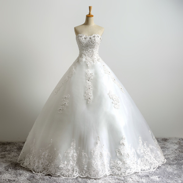 Sweetheart Strapless A-line Crystal Lace Applique Vestidos De Noiva Fancy Beaded Top Lace Bridal Ball Gowns Wedding Dress (Ivory as Picture)