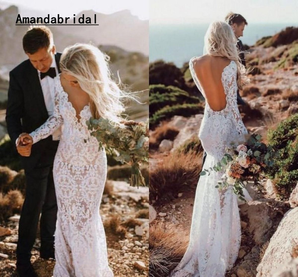 Amandabridal Lace Wedding Dresses Sexy Mermaid Long Sleeves Floor Length Backless Beach Boho Garden Bridal Gowns See Through