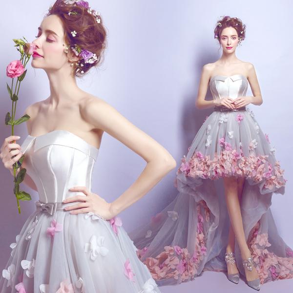 Short long tail before the romantic petals bridal wedding dress