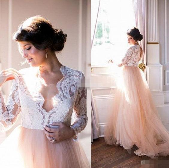 Hot Selling Long Sleeves Pink Tulle Wedding Dresses with Appliques Bridal Gowns V Neck Dress for Bridal