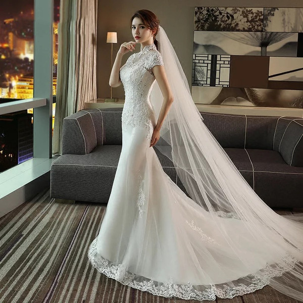 High Collar Mermaid Wedding Dress With Train Short Sleeve Bridal Gowns Real Pictures Bridal Dresses On Sale 