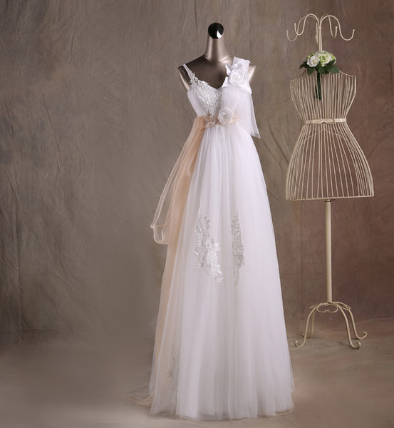 Charming V Neck Wedding Dress Floor Length In Stock Tulle Wedding Dresses with Sash High Quality Simple Wedding Gowns