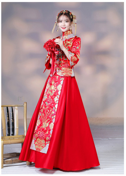 2017 new Chinese dress gown dragon spring bride toast clothing Long Dress Costume wedding dress clothing Xiu he pleased