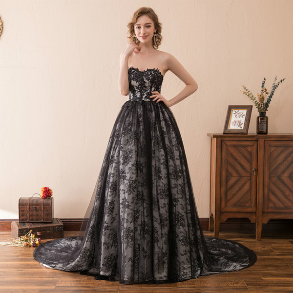 Elegant Black Lace Gothic Wedding Dresses Sweetheart Sleeveless A-Line Newest Stock 2-16 Chapel Train Long Bridal Ball Gowns Formal