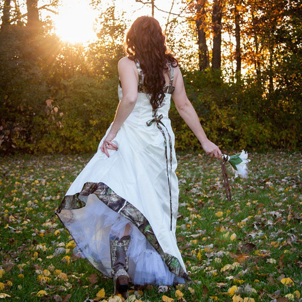 Country Goden Fall Winter Wedding Gown Camo Mossy Oak Brides Dress In Stock Wedding Dresses