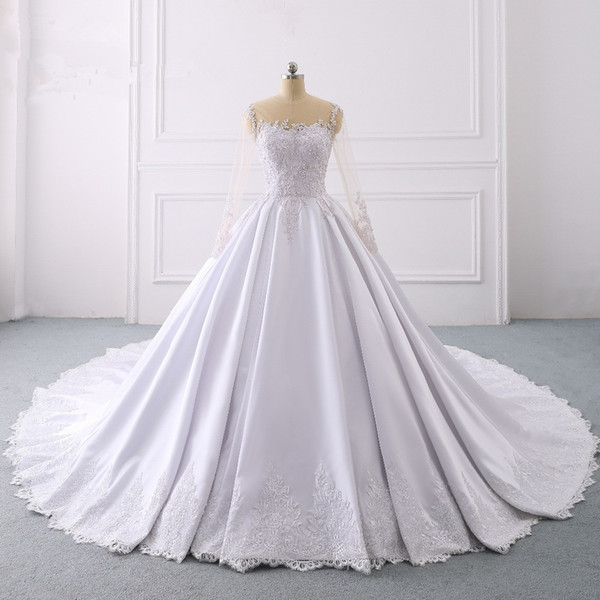Simple Long Sleeves Satin Wedding Dress weddingdress O-Neck Cathedral/ Royal Train vestidos de novia vestido de casamento
