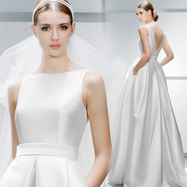 Backless Simple Sexy Wedding Dresses Scoop A-line Satin Noble Bridal Dresses Cheap Elegant Wedding Gowns