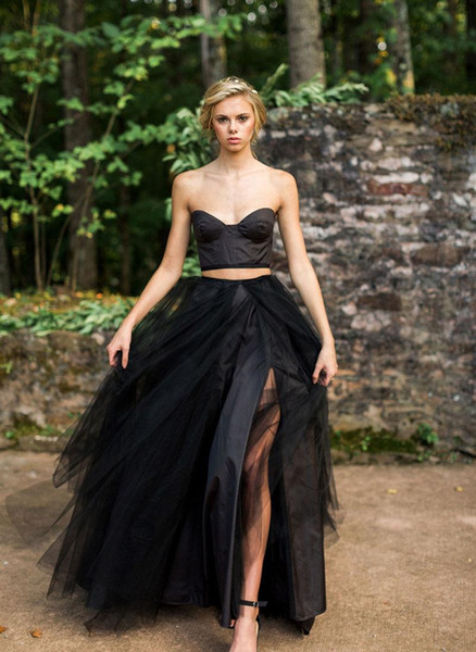 black gothic bridal gowns 2017 sexy two piece split tulle skirt wedding dresses mysterious pretty wedding gowns