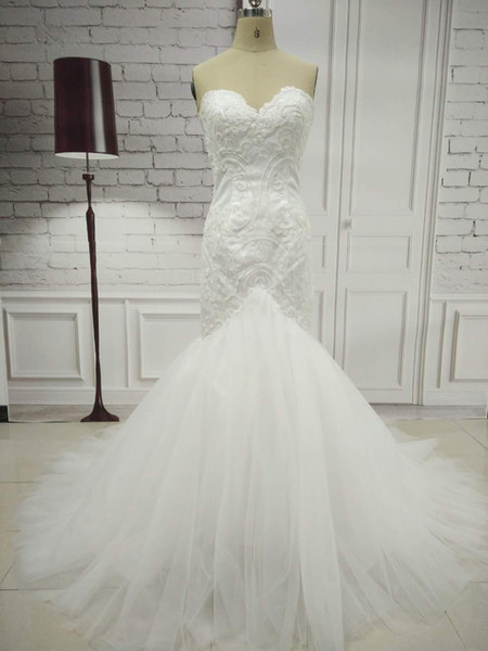 Real Photo Long Sweetheart Lace Mermaid Wedding Dresses Women White Lace Up Back Sweetheart Bridal Gown off Shoulder Wedding Gowns