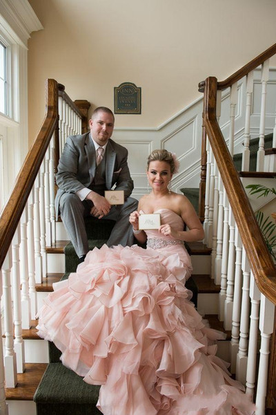 2017 Real Image Blush Pink Mermaid Garden Wedding Dresses Organza Pleats Beading Sash Tiered Bridal Gowns