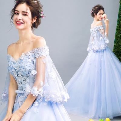 2017 New Arrival In Stock Wedding Dresses & Events Floor Length Formal Bateau blue Poet Organza Evening Gowns Dinner party dress