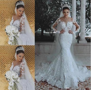 2019 Newest Long Sleeves Mermaid Wedding Dresses Lace Appliques Sweep Train Custom Made Arabic Middle East Plus Size Bridal Gowns