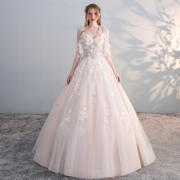 In Stock Wedding Dresses See Through Lace Appliques Light Champagne Vintage Bridal Gowns Sweep Train Elegant Vestido De Noiva