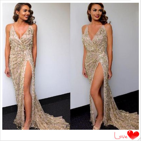 2017 Glittering Champagne Prom Dresses Sexy V neck long party Dresses for Wedding golden Long Party Evening Gowns wed431