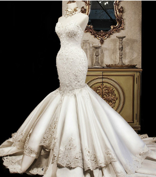 SJ6682 Heavy Beading Quality Satin Mermaid Wedding Dresses Lace Appliques Court Train Luxury Plus Size Wedding Dress