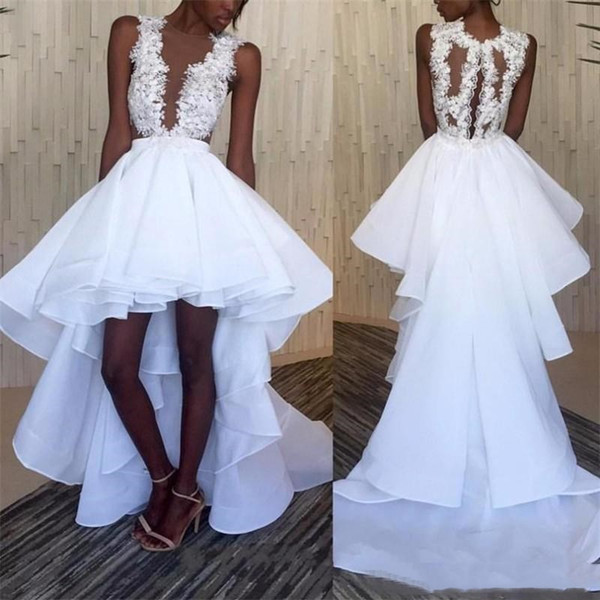 High Low Ball Gown Ruffles White Sweep Train Tiers Jewel Lace Appliques Hollow Wedding Dresses Wedding Gown