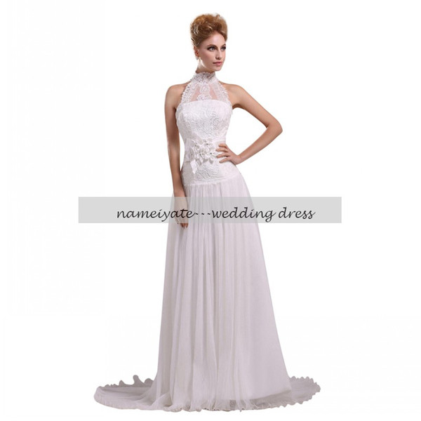 Beach A-Line High Neck Court Train Lace Wedding Dress with Beading Appliques Buttons Flower Country Bridal Gowns Dress of Bride 2017