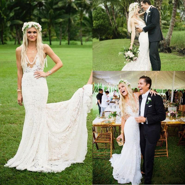 Garden Bohemian Lace Wedding Dresses Vestios Sexy Plunging V-Neck Sheer Lace Backless Mermaid Bridal Gowns with 0811